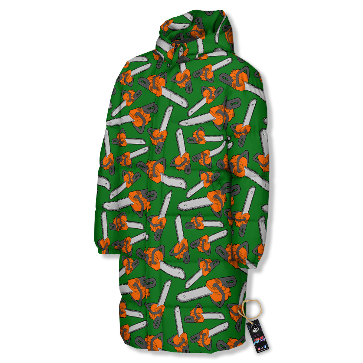 Green Chainsaw Print Pattern Long Down Jacket-grizzshop