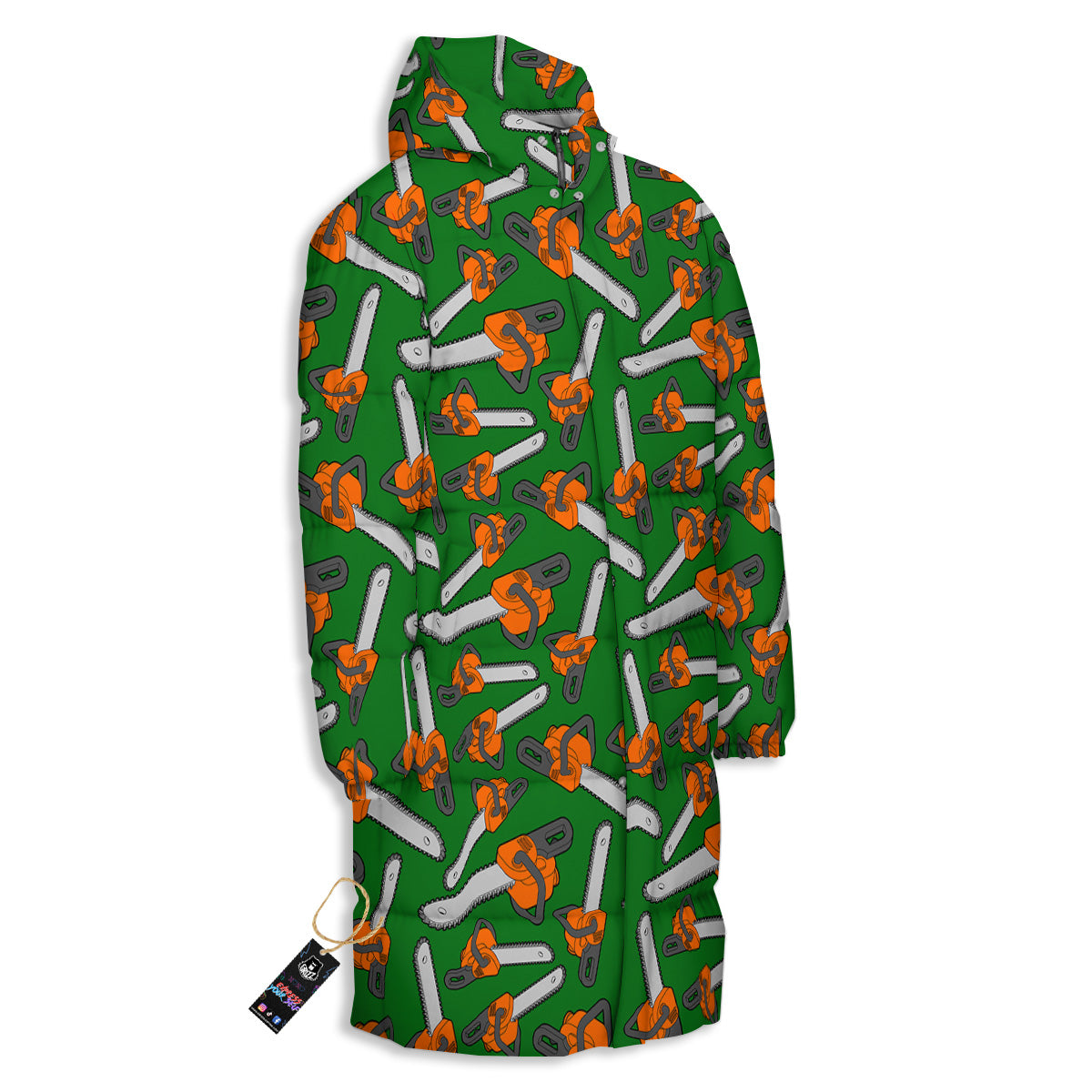 Green Chainsaw Print Pattern Long Down Jacket-grizzshop