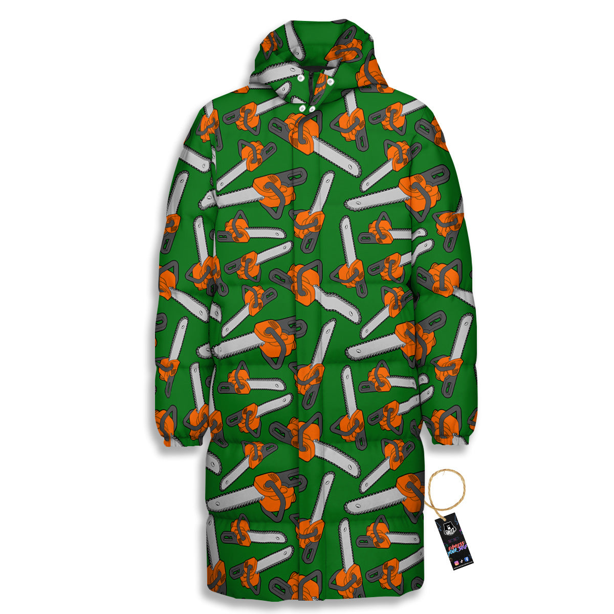 Green Chainsaw Print Pattern Long Down Jacket-grizzshop