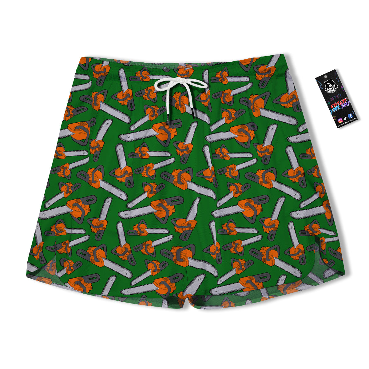 Green Chainsaw Print Pattern Men's Running Shorts-grizzshop