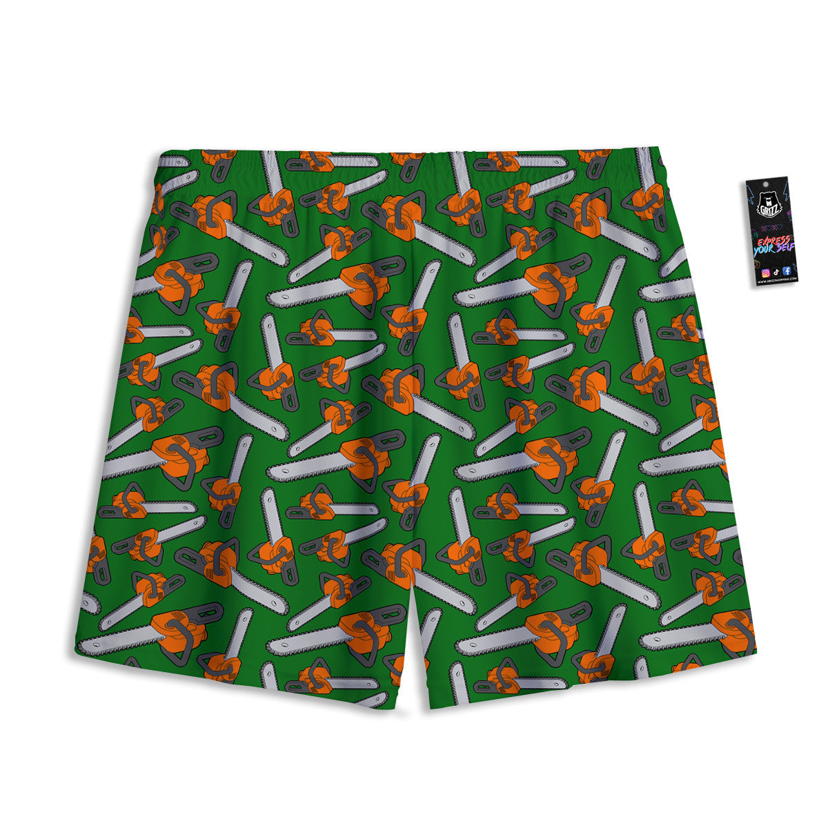 Green Chainsaw Print Pattern Mesh Shorts-grizzshop
