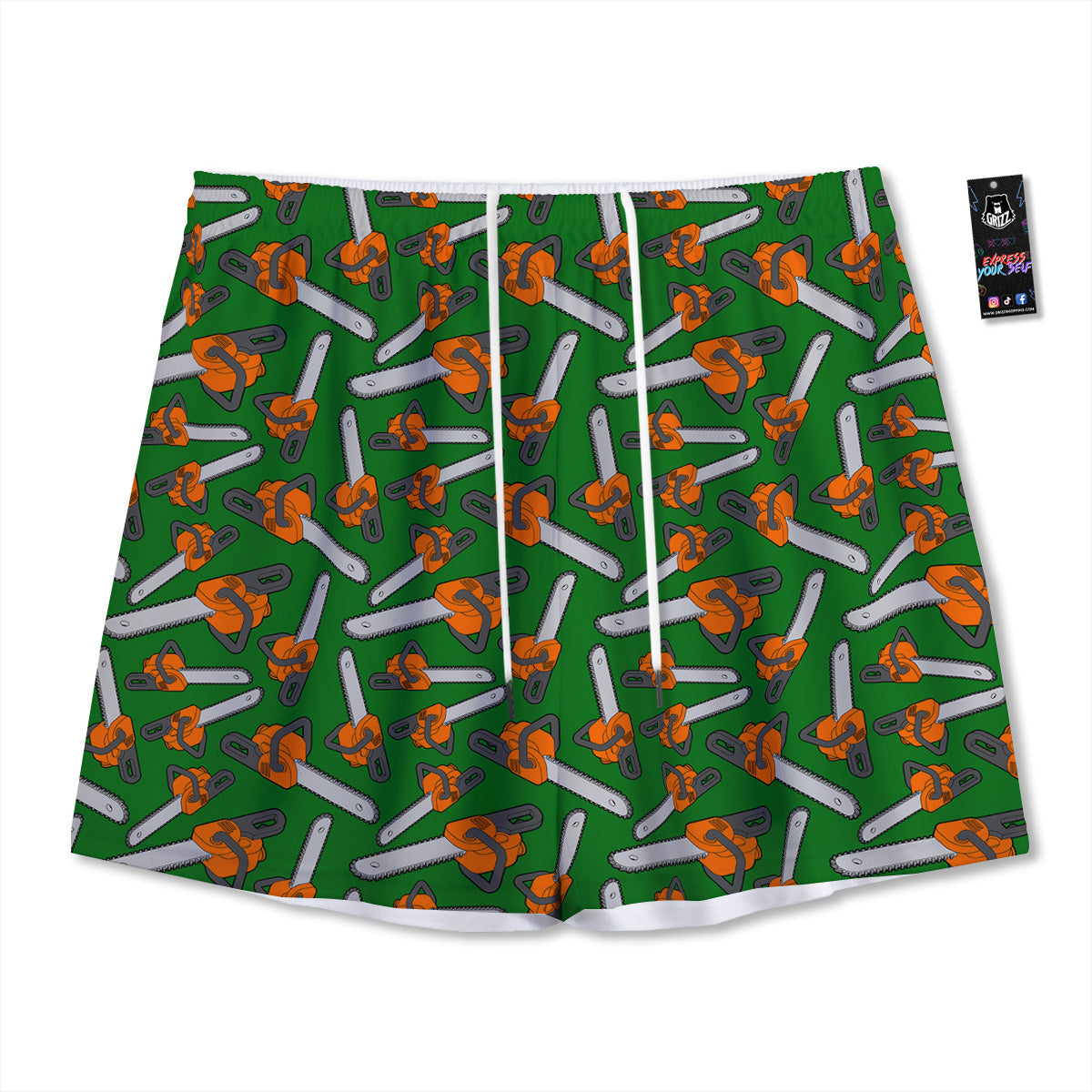 Green Chainsaw Print Pattern Mesh Shorts-grizzshop