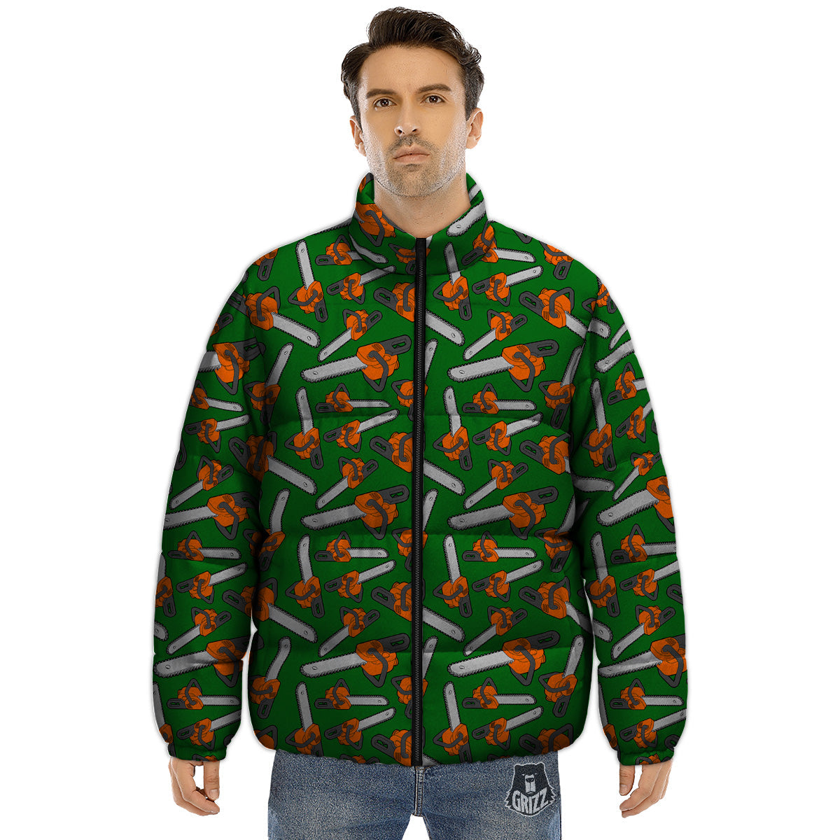 Green Chainsaw Print Pattern Puffer Jacket-grizzshop