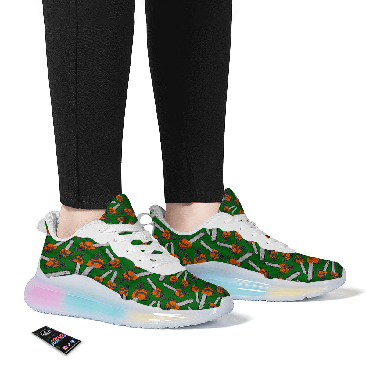 Green Chainsaw Print Pattern Running Sneakers-grizzshop