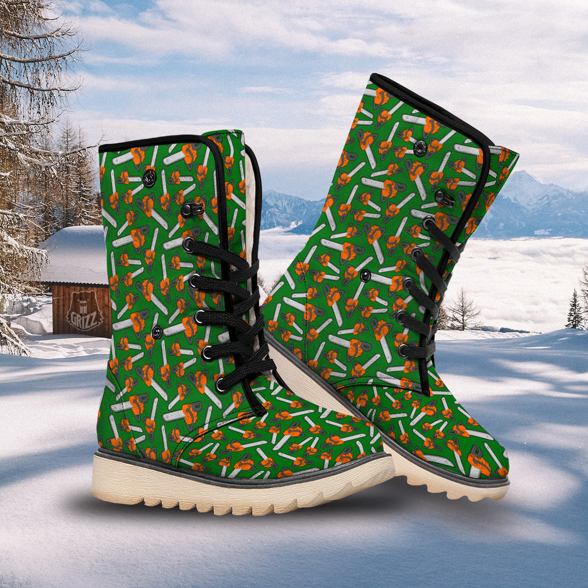Green Chainsaw Print Pattern Snow Boots-grizzshop