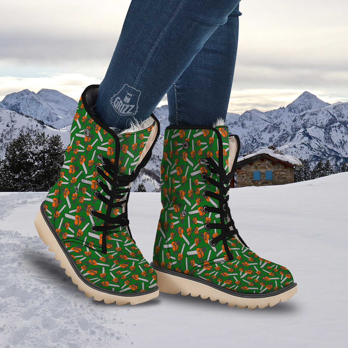 Green Chainsaw Print Pattern Snow Boots-grizzshop