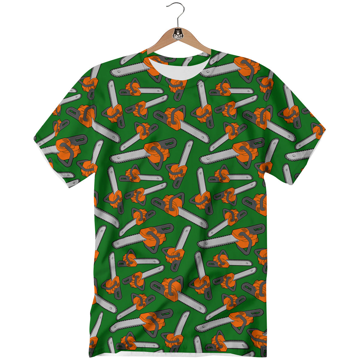 Green Chainsaw Print Pattern T-Shirt-grizzshop
