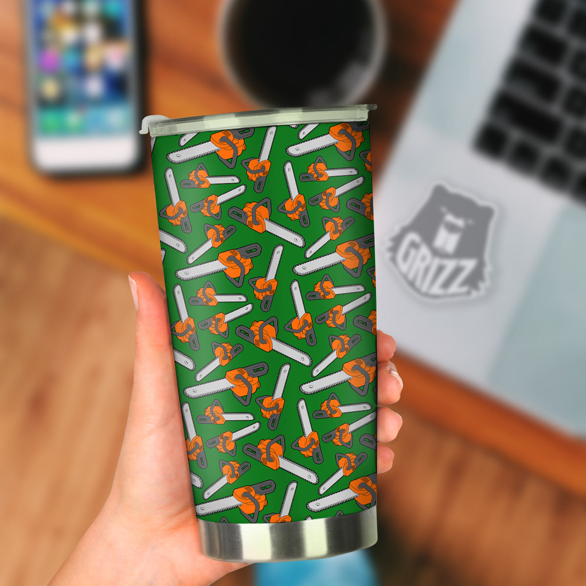 Green Chainsaw Print Pattern Tumbler-grizzshop