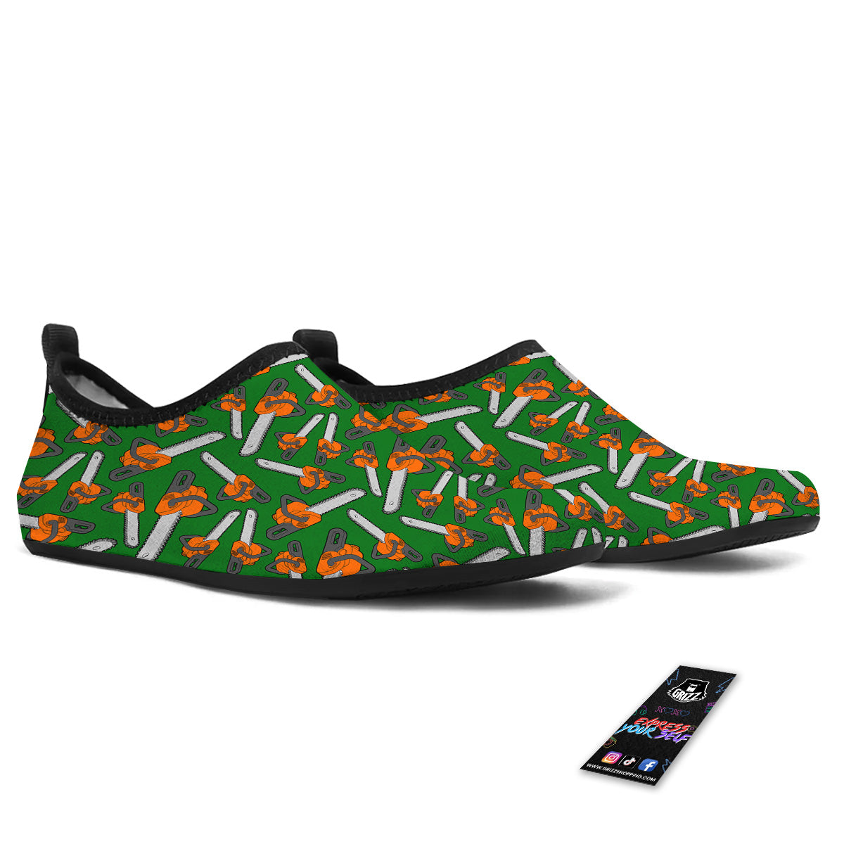 Green Chainsaw Print Pattern Water Shoes-grizzshop