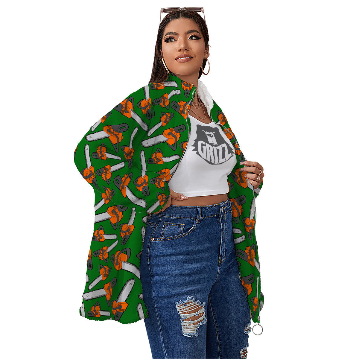 Green Chainsaw Print Pattern Women's Sherpa Jacket-grizzshop