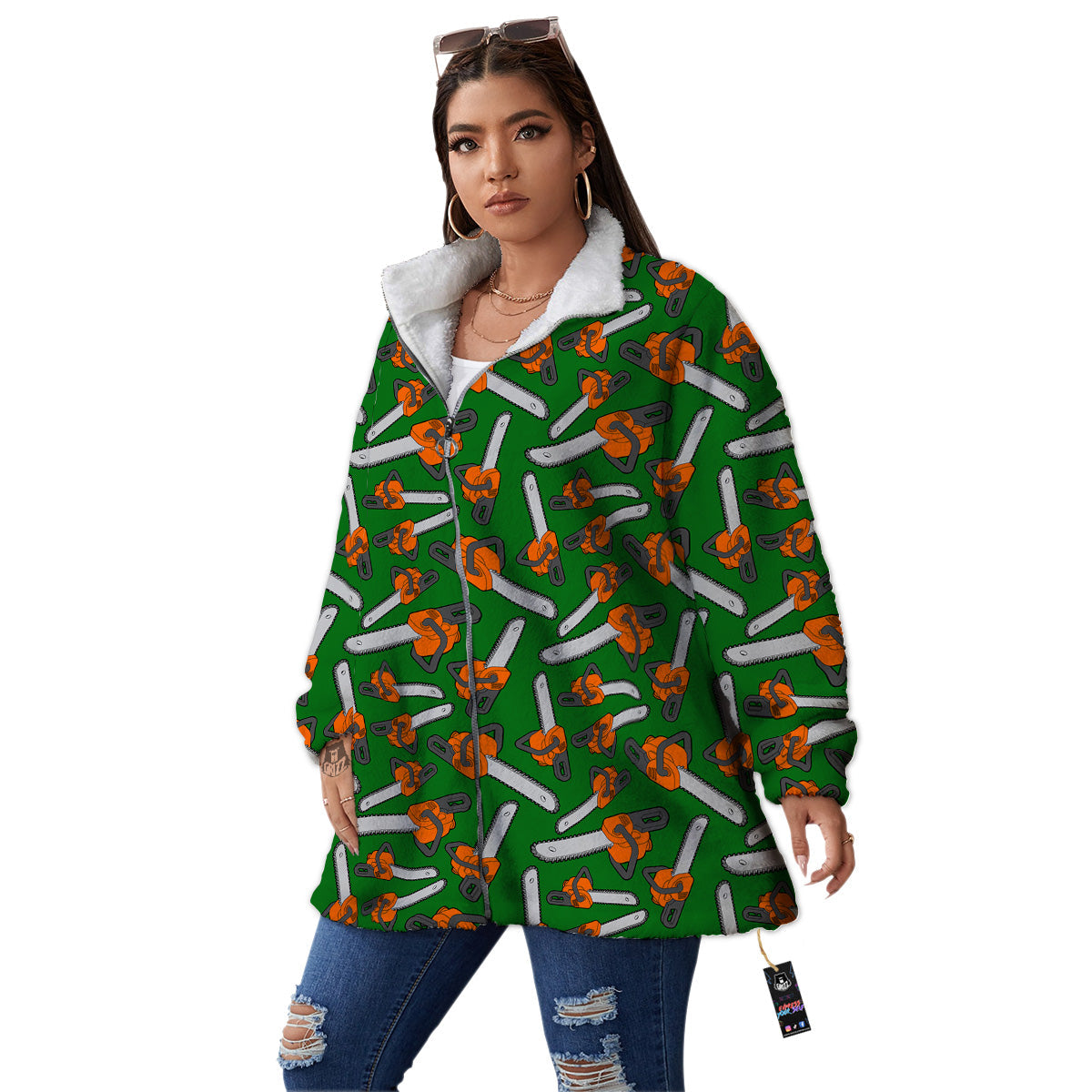 Green Chainsaw Print Pattern Women's Sherpa Jacket-grizzshop