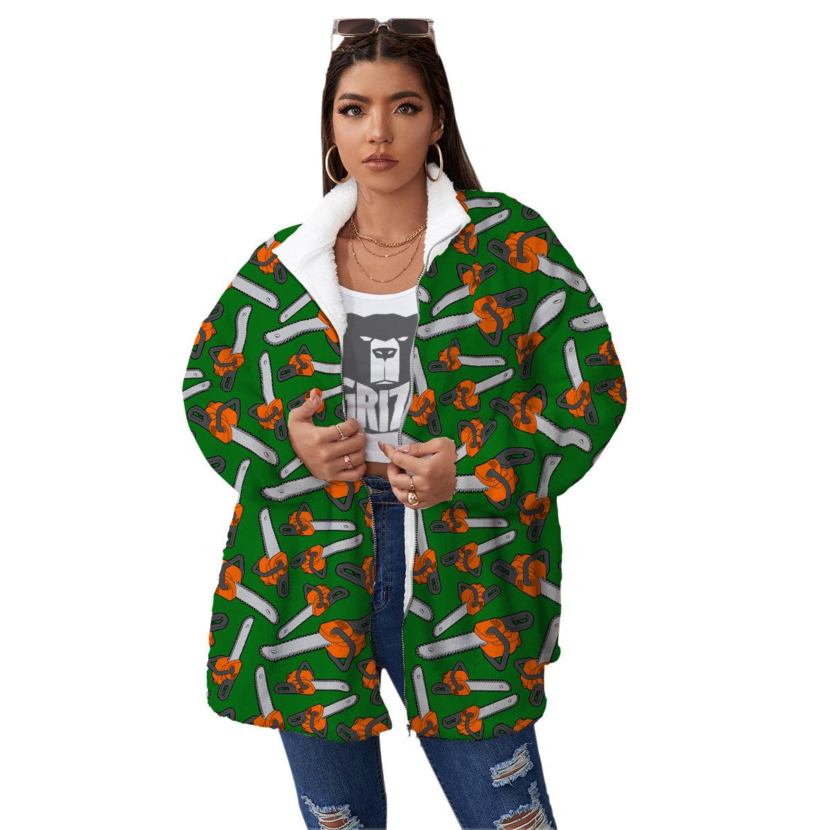 Green Chainsaw Print Pattern Women's Sherpa Jacket-grizzshop