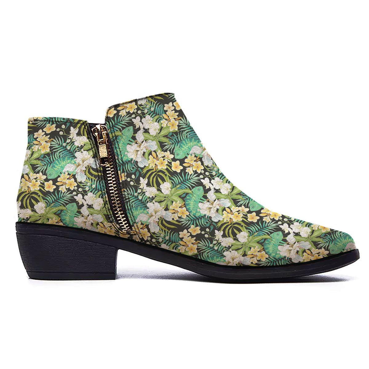 Green Chameleon And Flowers Plumeria Orchid Print Pattern Ankle Boots-grizzshop