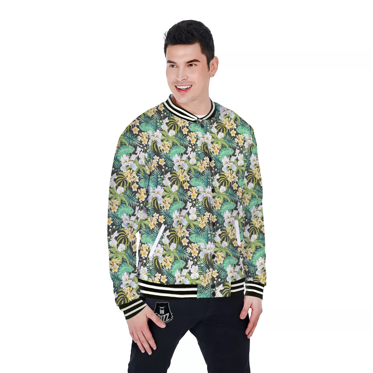 Green Chameleon And Flowers Plumeria Orchid Print Pattern Baseball Jacket-grizzshop