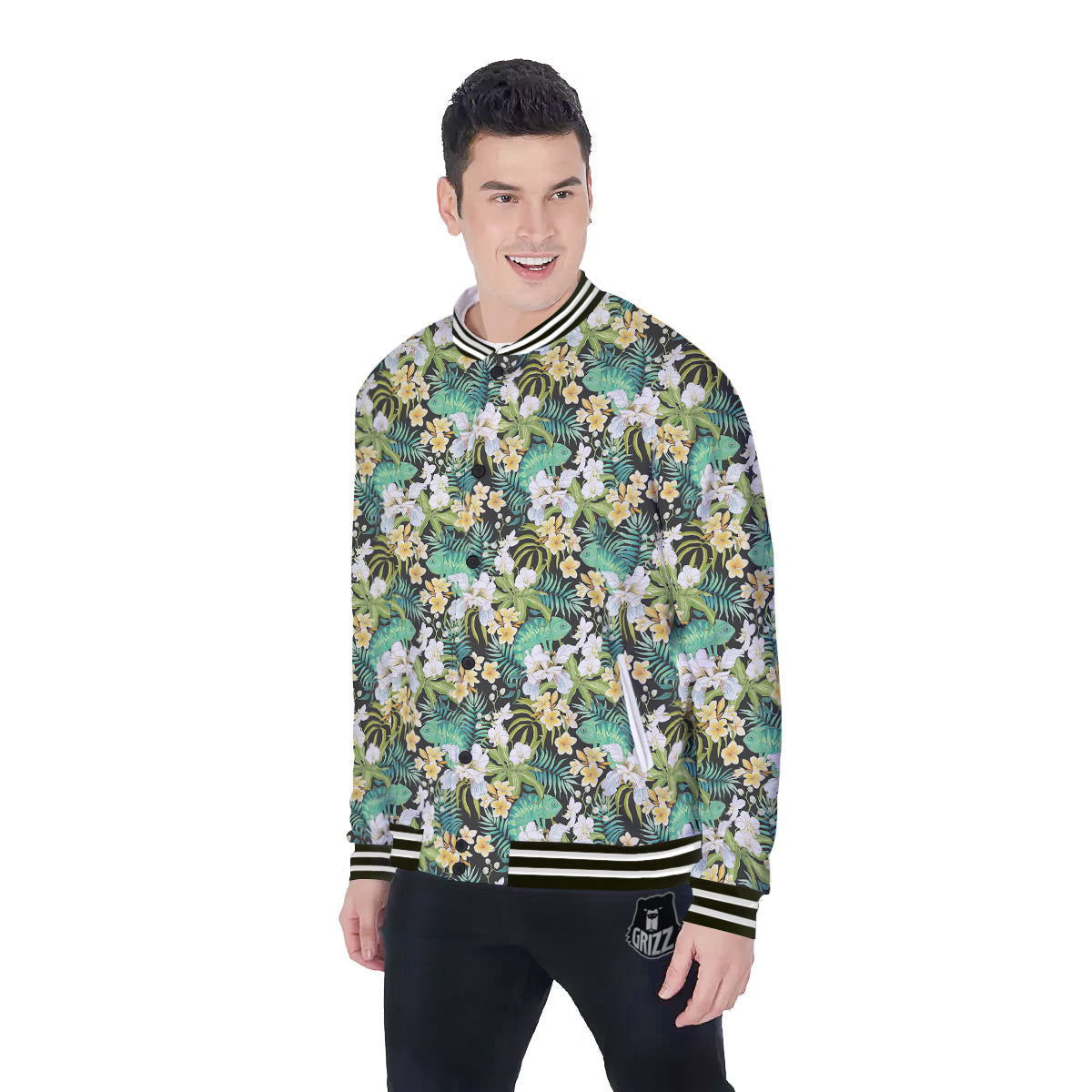 Green Chameleon And Flowers Plumeria Orchid Print Pattern Baseball Jacket-grizzshop