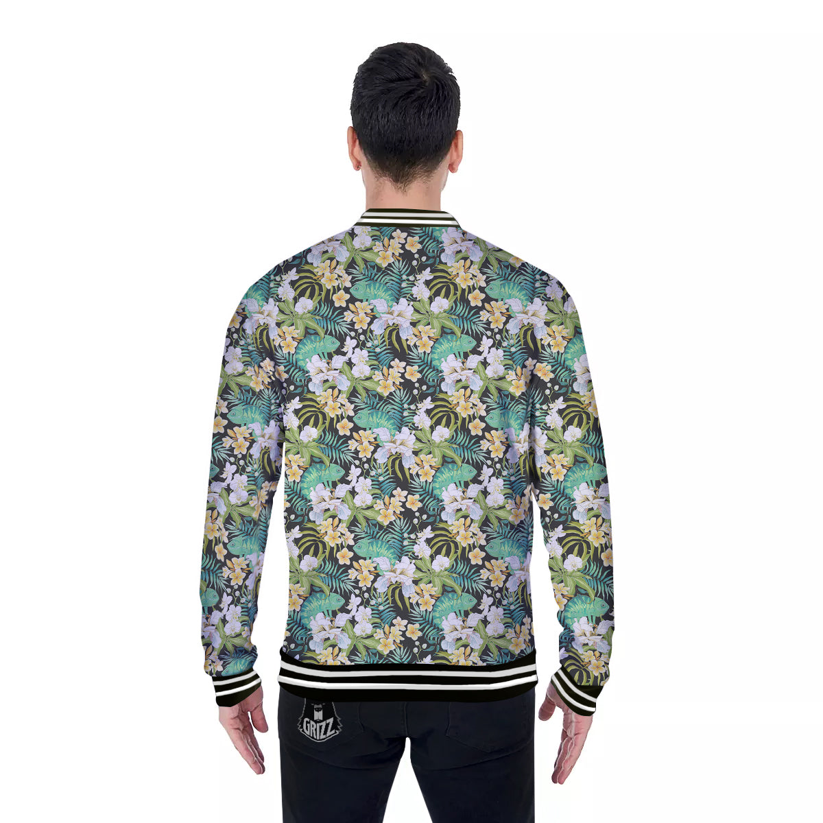 Green Chameleon And Flowers Plumeria Orchid Print Pattern Baseball Jacket-grizzshop