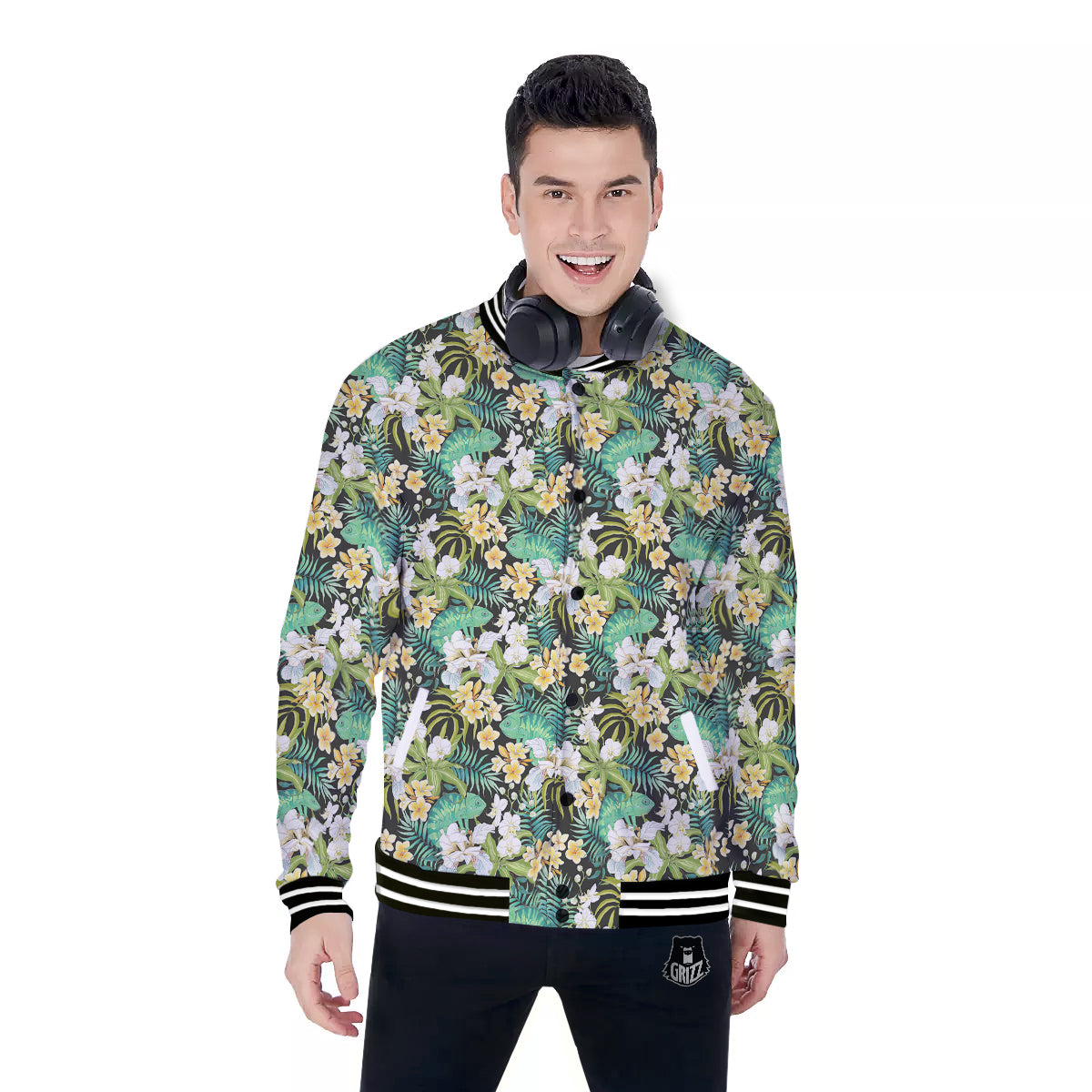 Green Chameleon And Flowers Plumeria Orchid Print Pattern Baseball Jacket-grizzshop