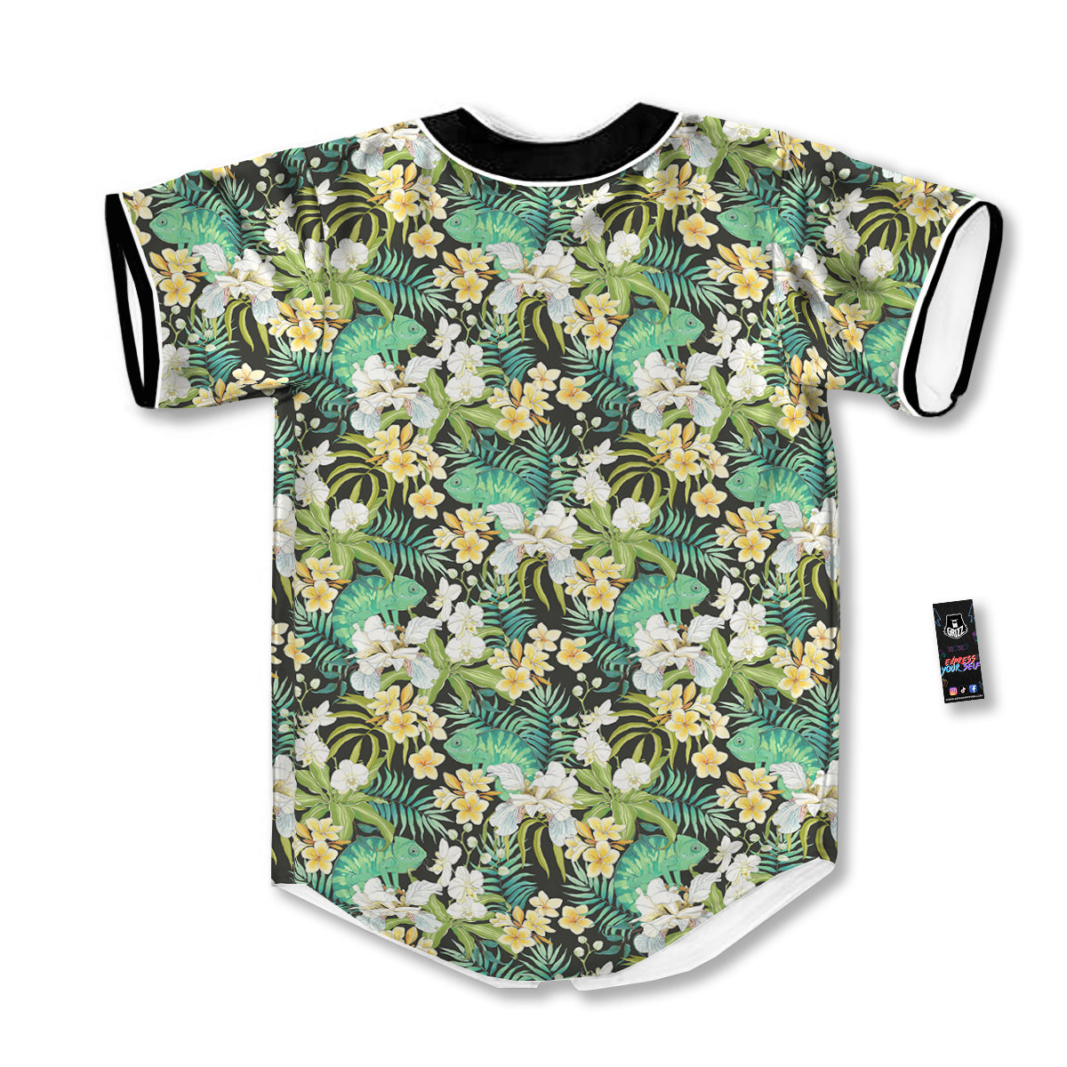 Green Chameleon And Flowers Plumeria Orchid Print Pattern Baseball Jersey-grizzshop