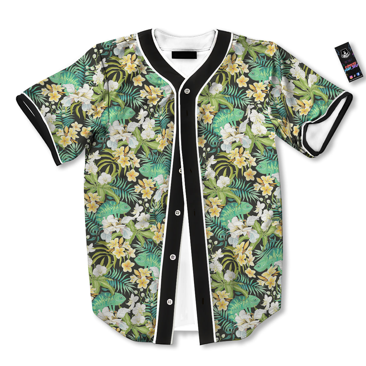 Green Chameleon And Flowers Plumeria Orchid Print Pattern Baseball Jersey-grizzshop