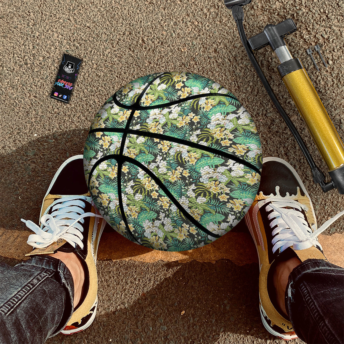 Green Chameleon And Flowers Plumeria Orchid Print Pattern Basketball-grizzshop
