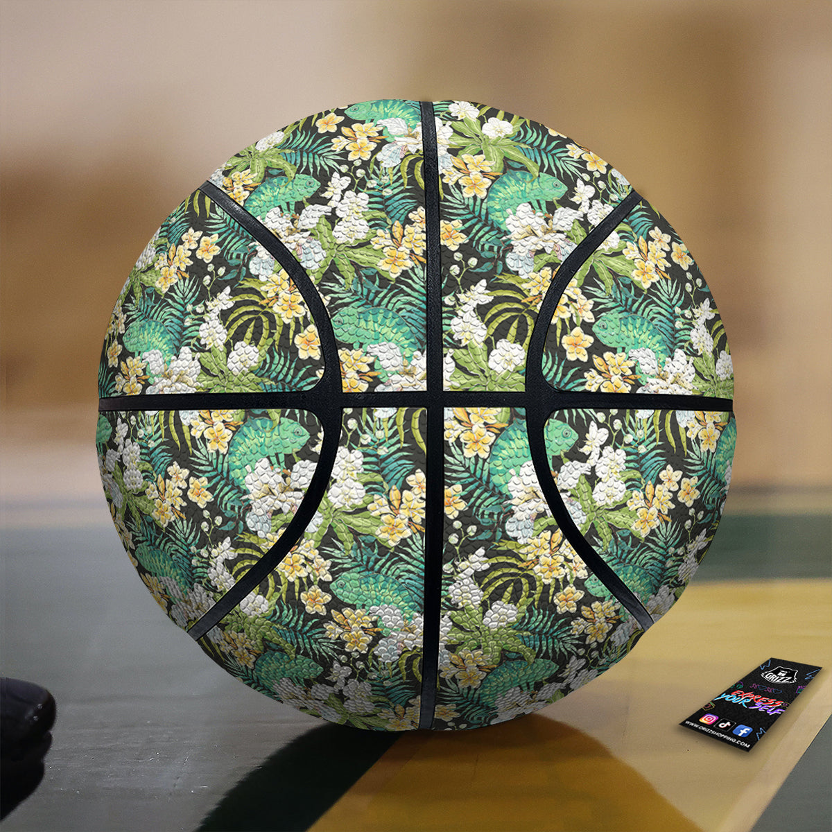 Green Chameleon And Flowers Plumeria Orchid Print Pattern Basketball-grizzshop