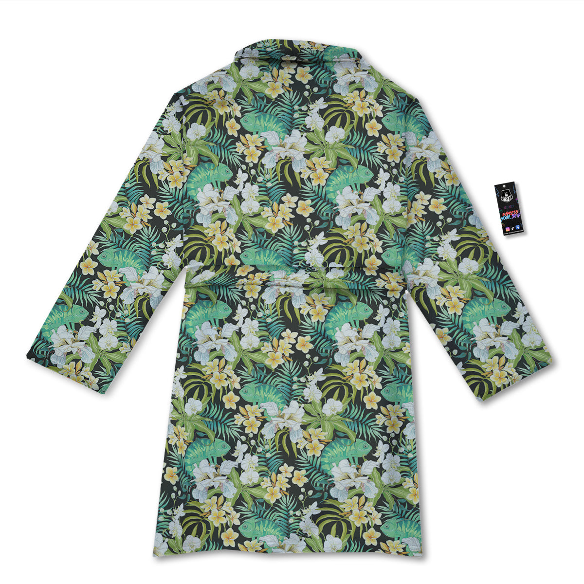 Green Chameleon And Flowers Plumeria Orchid Print Pattern Bathrobe-grizzshop