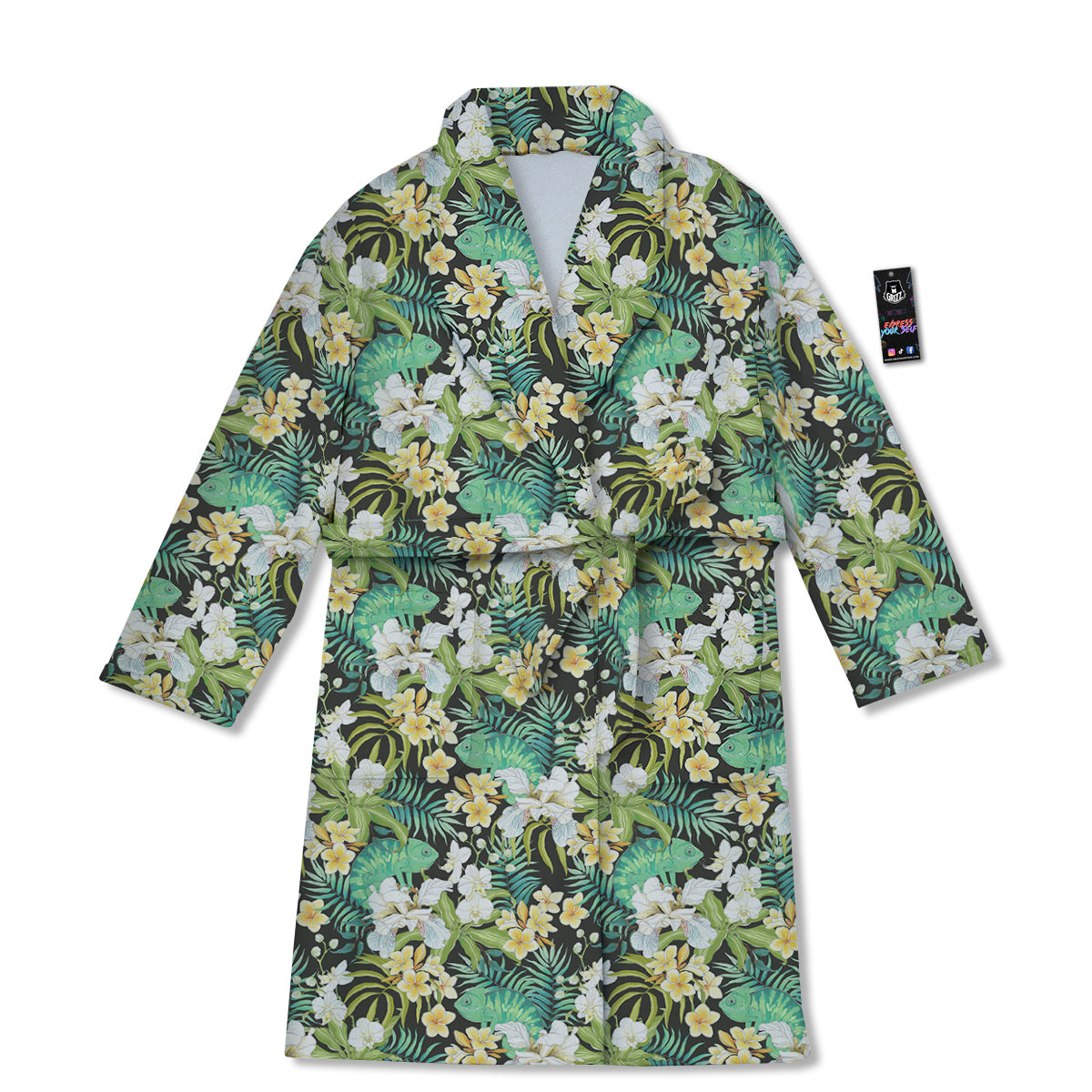 Green Chameleon And Flowers Plumeria Orchid Print Pattern Bathrobe-grizzshop