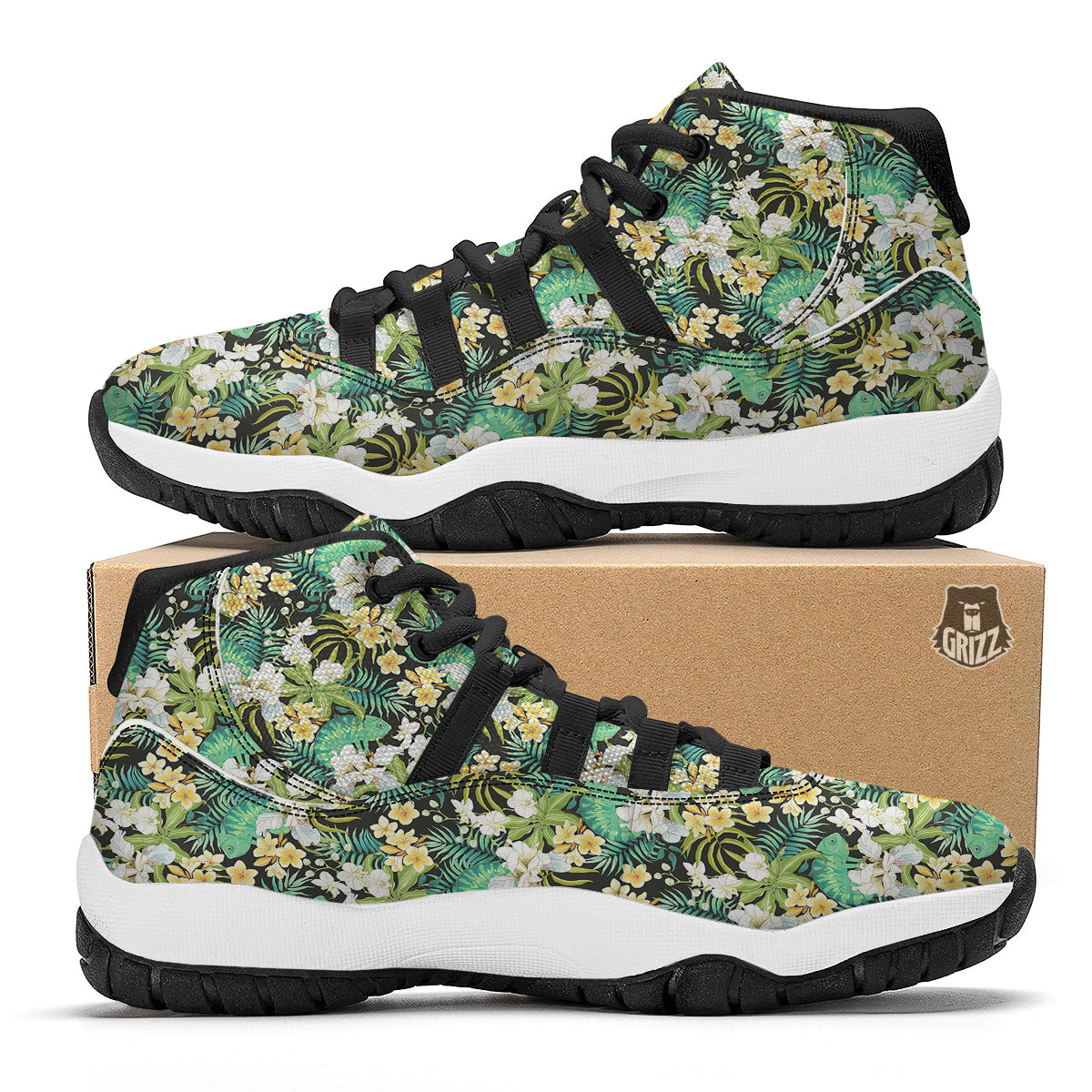 Green Chameleon And Flowers Plumeria Orchid Print Pattern Black Bball Shoes-grizzshop