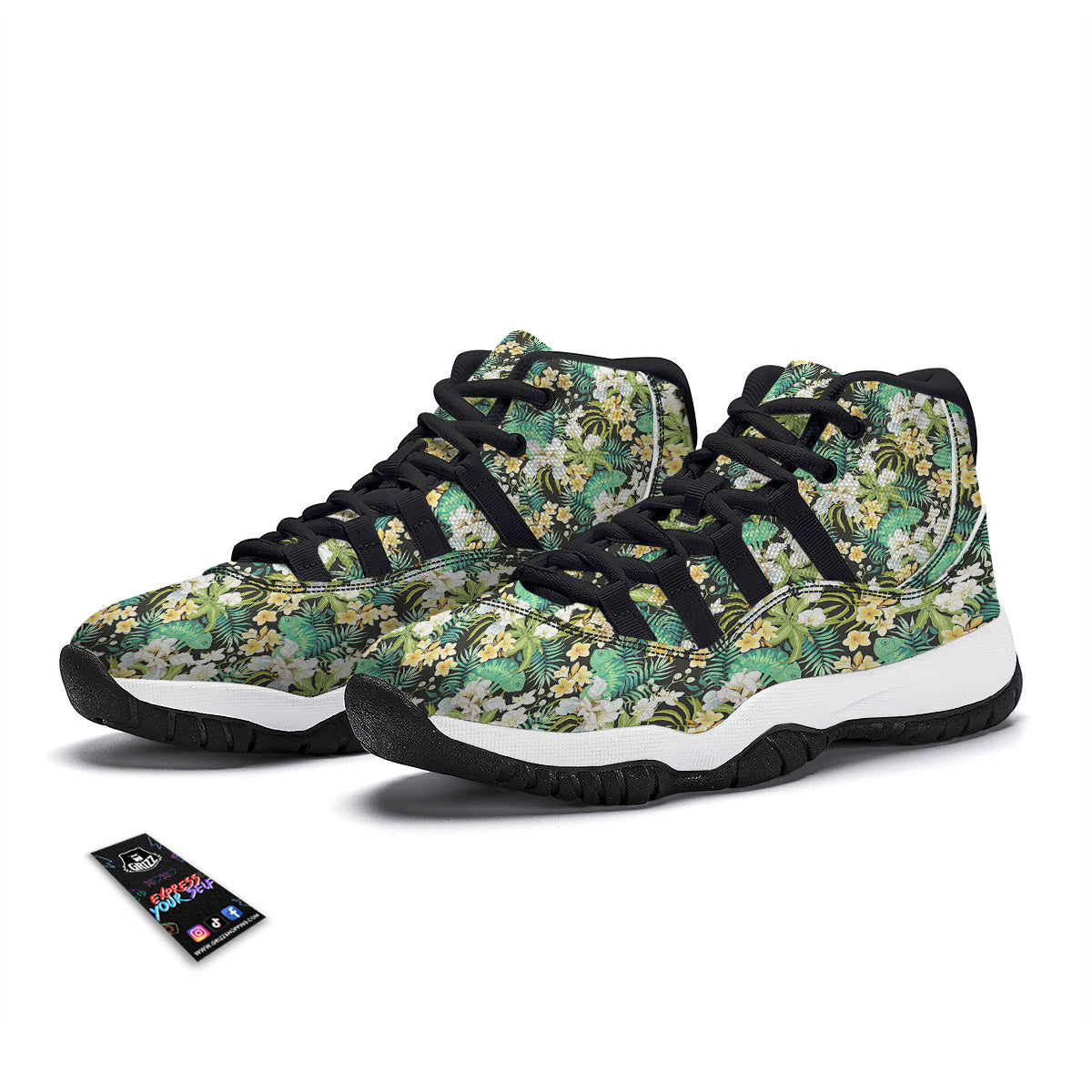 Green Chameleon And Flowers Plumeria Orchid Print Pattern Black Bball Shoes-grizzshop