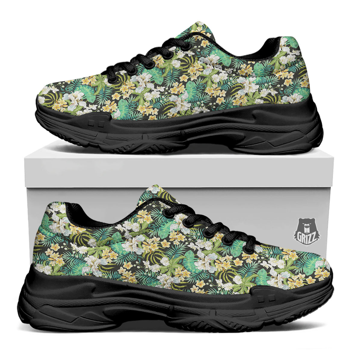 Green Chameleon And Flowers Plumeria Orchid Print Pattern Black Chunky Shoes-grizzshop