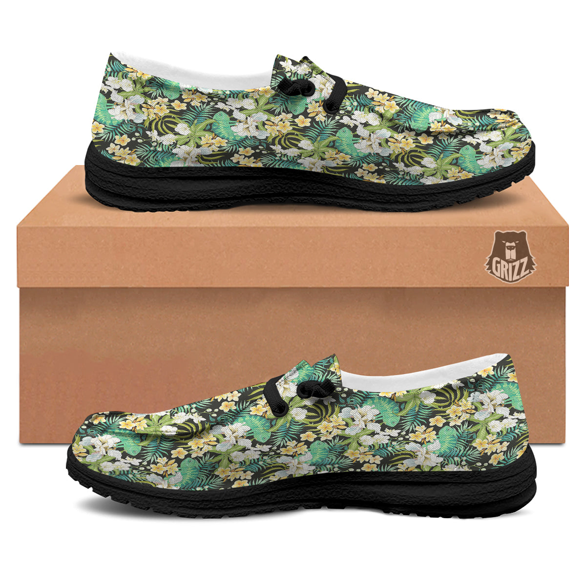 Green Chameleon And Flowers Plumeria Orchid Print Pattern Black Loafers-grizzshop