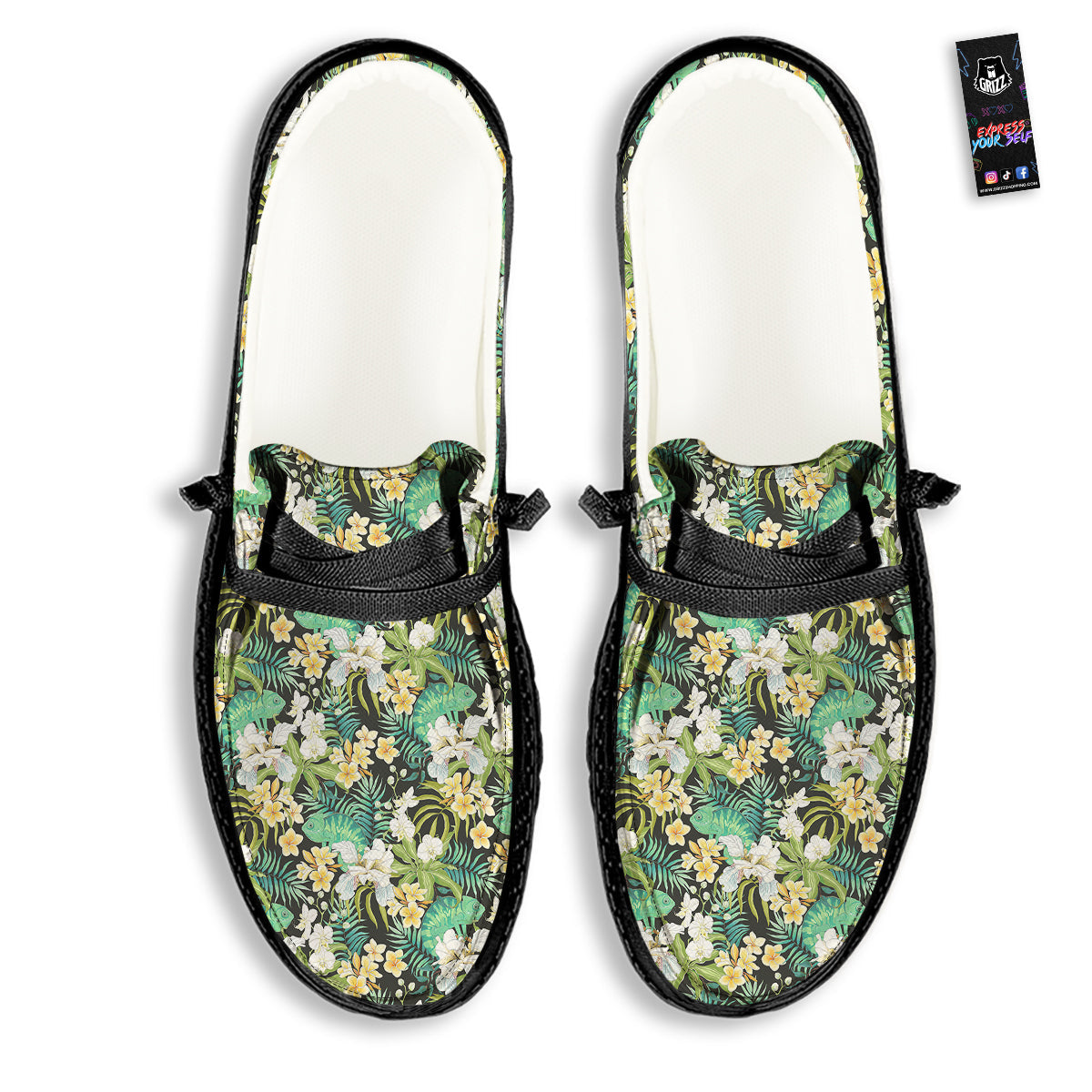 Green Chameleon And Flowers Plumeria Orchid Print Pattern Black Loafers-grizzshop