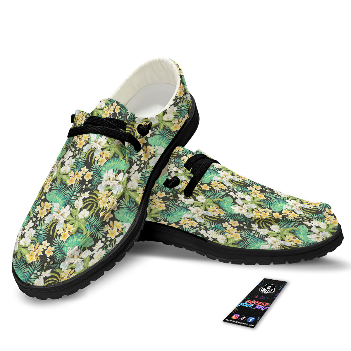 Green Chameleon And Flowers Plumeria Orchid Print Pattern Black Loafers-grizzshop