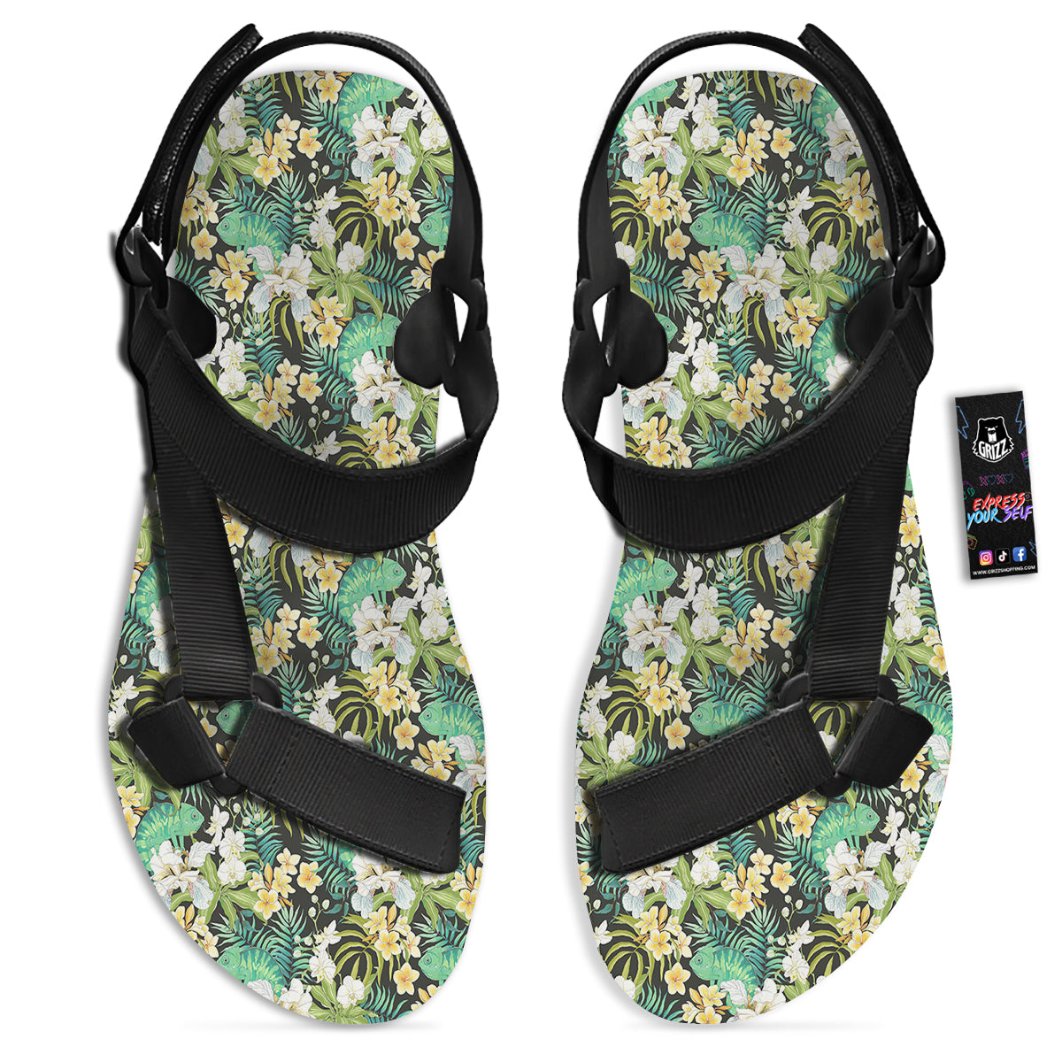 Green Chameleon And Flowers Plumeria Orchid Print Pattern Black Open Toe Sandals-grizzshop