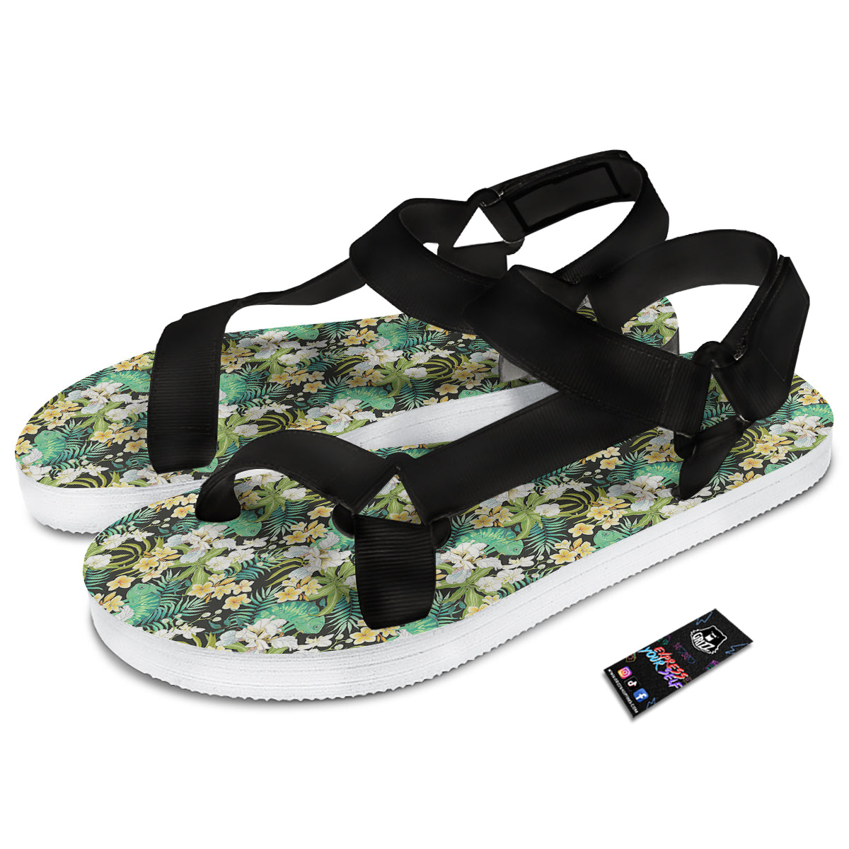 Green Chameleon And Flowers Plumeria Orchid Print Pattern Black Open Toe Sandals-grizzshop