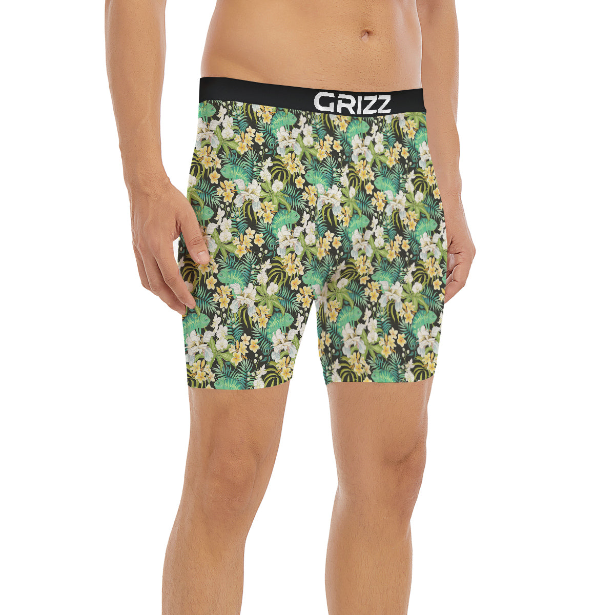 Green Chameleon And Flowers Plumeria Orchid Print Pattern Boxer Briefs-grizzshop