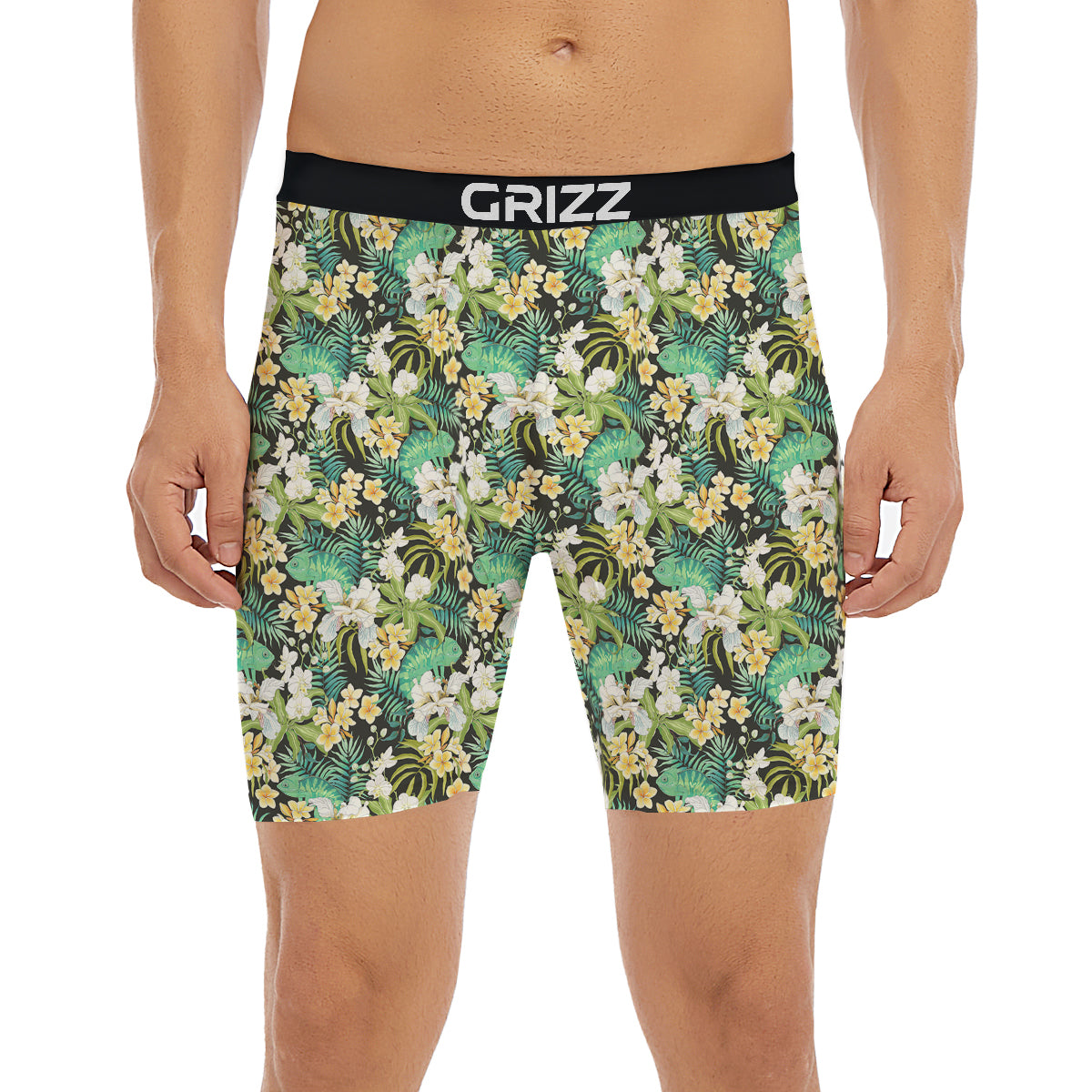 Green Chameleon And Flowers Plumeria Orchid Print Pattern Boxer Briefs-grizzshop