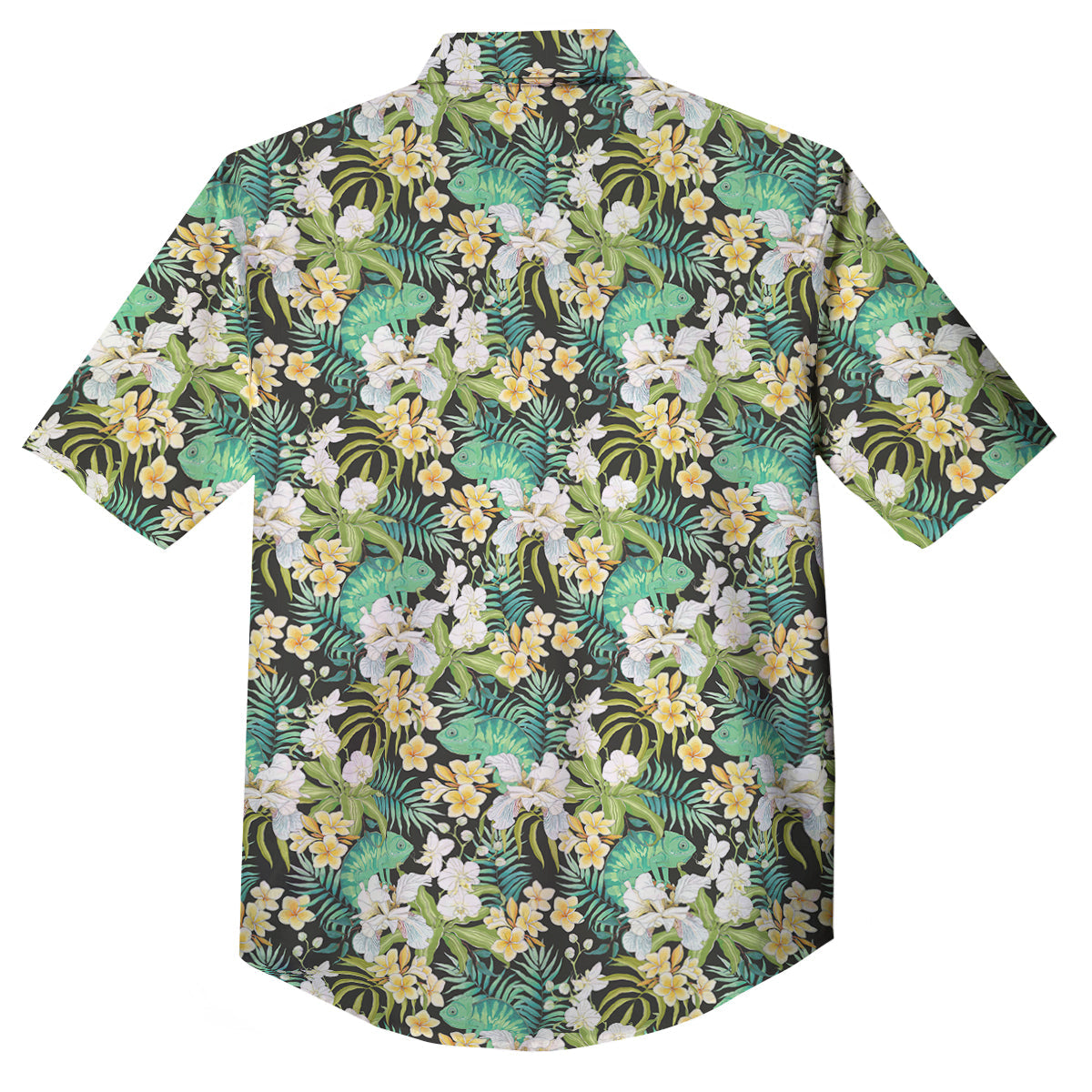 Green Chameleon And Flowers Plumeria Orchid Print Pattern Button Up Shirt-grizzshop