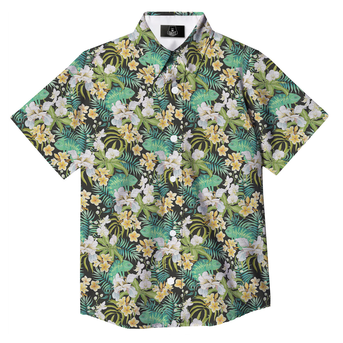 Green Chameleon And Flowers Plumeria Orchid Print Pattern Button Up Shirt-grizzshop