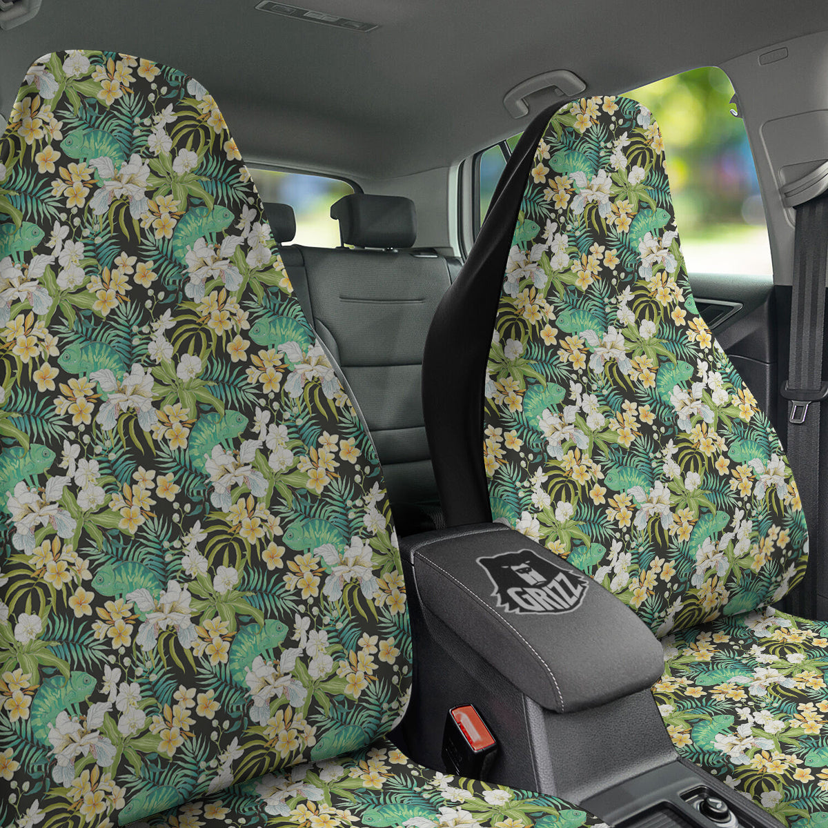 Green Chameleon And Flowers Plumeria Orchid Print Pattern Car Seat Covers-grizzshop