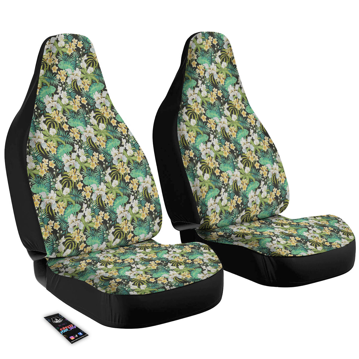 Green Chameleon And Flowers Plumeria Orchid Print Pattern Car Seat Covers-grizzshop