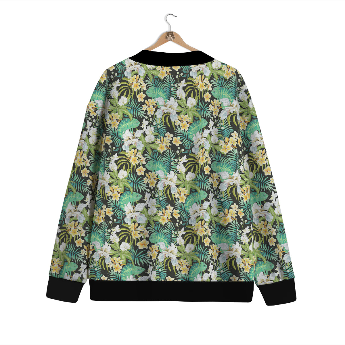 Green Chameleon And Flowers Plumeria Orchid Print Pattern Cardigan-grizzshop