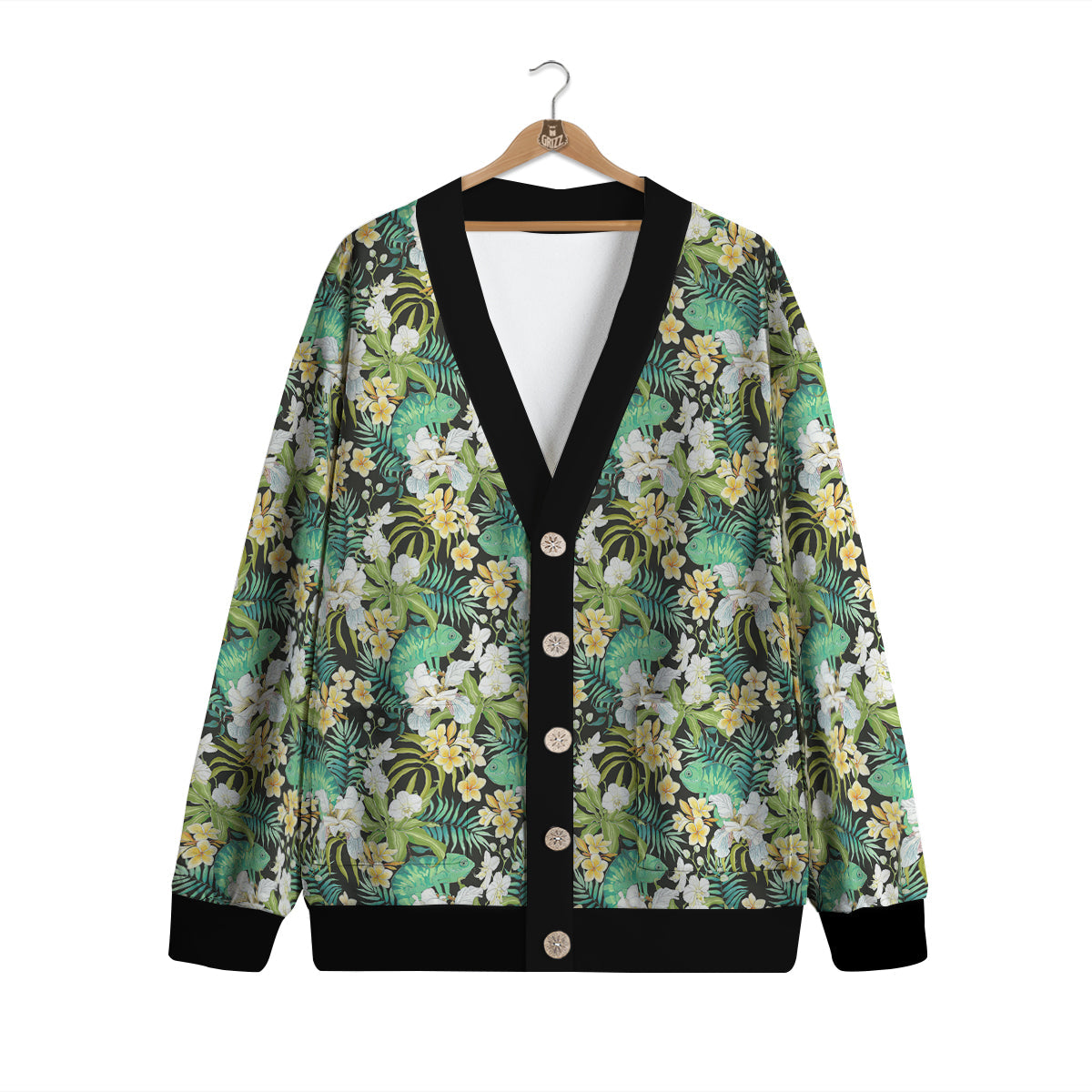 Green Chameleon And Flowers Plumeria Orchid Print Pattern Cardigan-grizzshop
