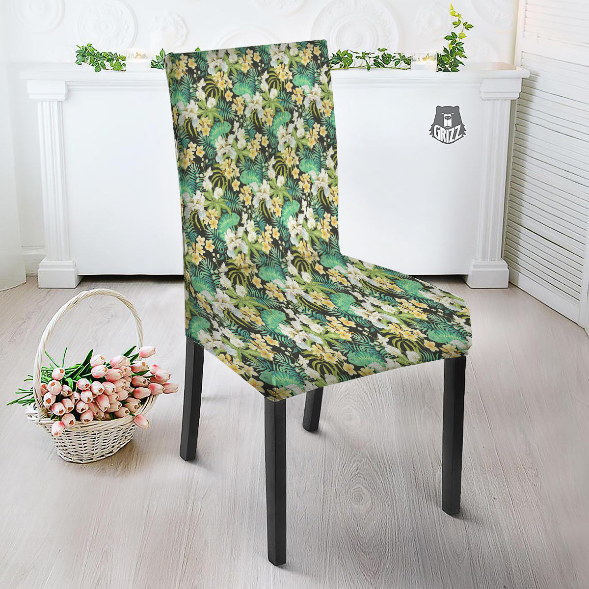 Green Chameleon And Flowers Plumeria Orchid Print Pattern Dining Chair Slipcover-grizzshop