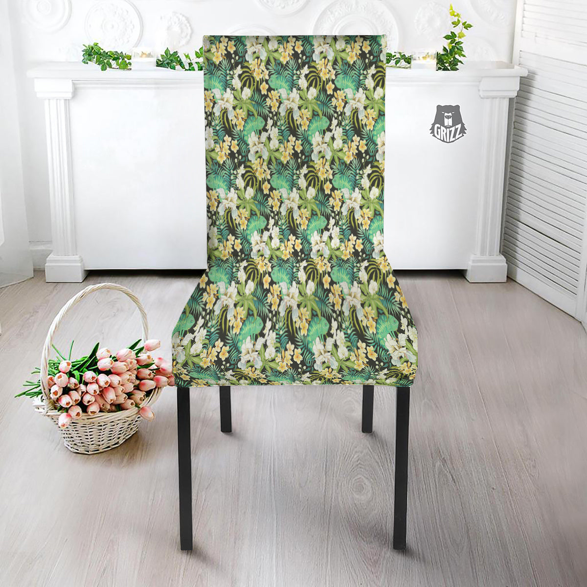 Green Chameleon And Flowers Plumeria Orchid Print Pattern Dining Chair Slipcover-grizzshop