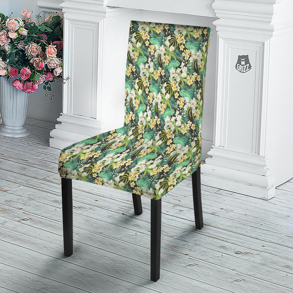 Green Chameleon And Flowers Plumeria Orchid Print Pattern Dining Chair Slipcover-grizzshop