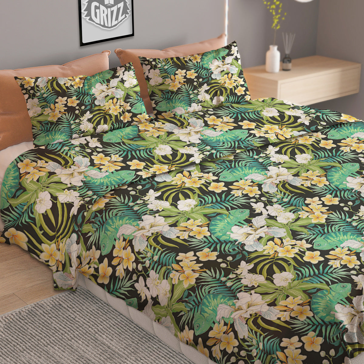 Green Chameleon And Flowers Plumeria Orchid Print Pattern Duvet Cover Bedding Set