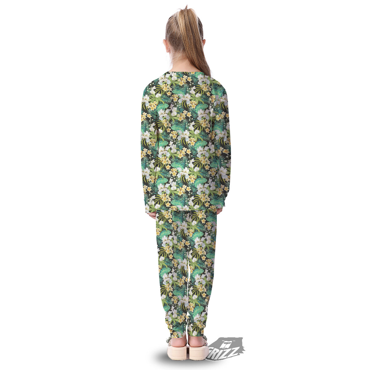 Green Chameleon And Flowers Plumeria Orchid Print Pattern Kid's Pajamas-grizzshop