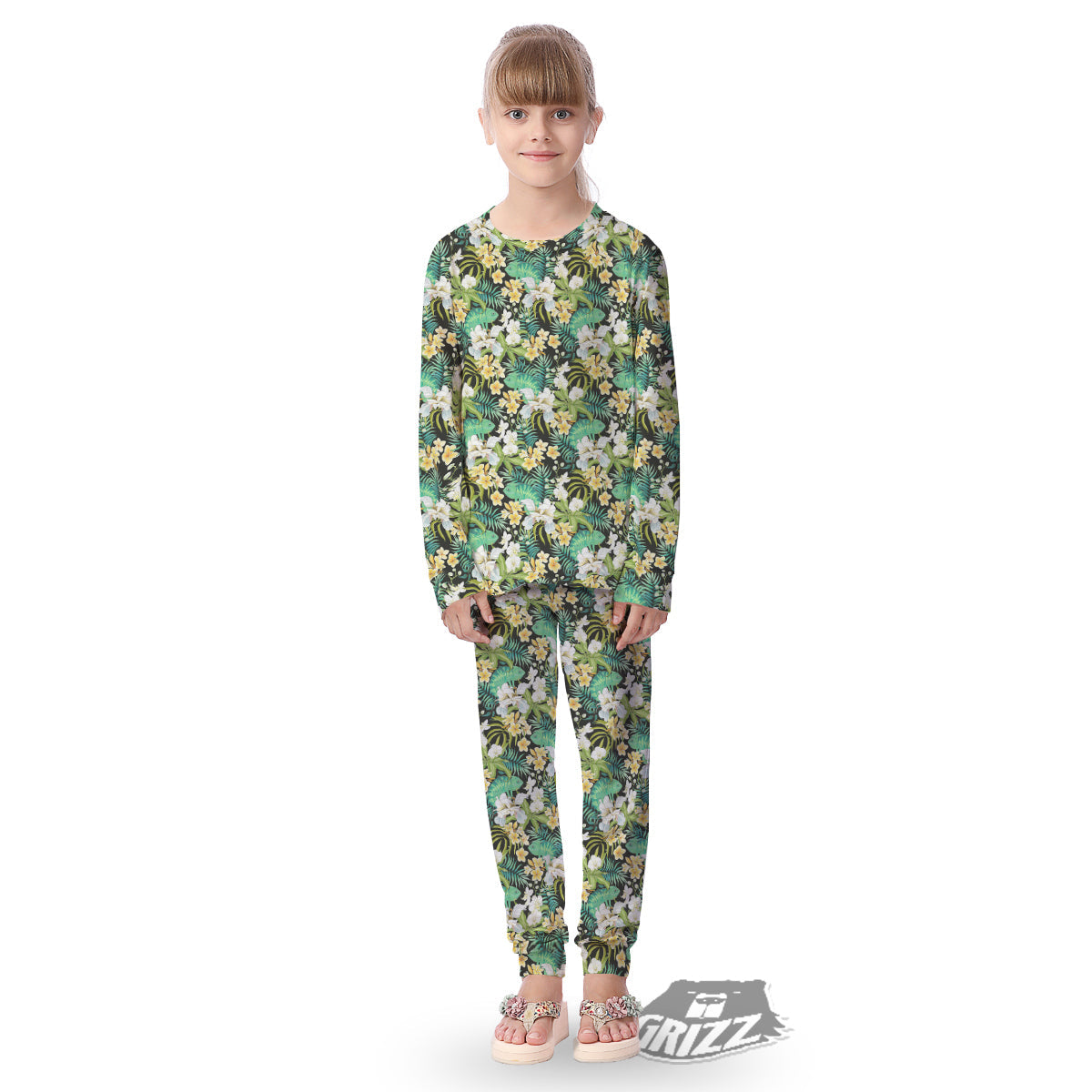 Green Chameleon And Flowers Plumeria Orchid Print Pattern Kid's Pajamas-grizzshop
