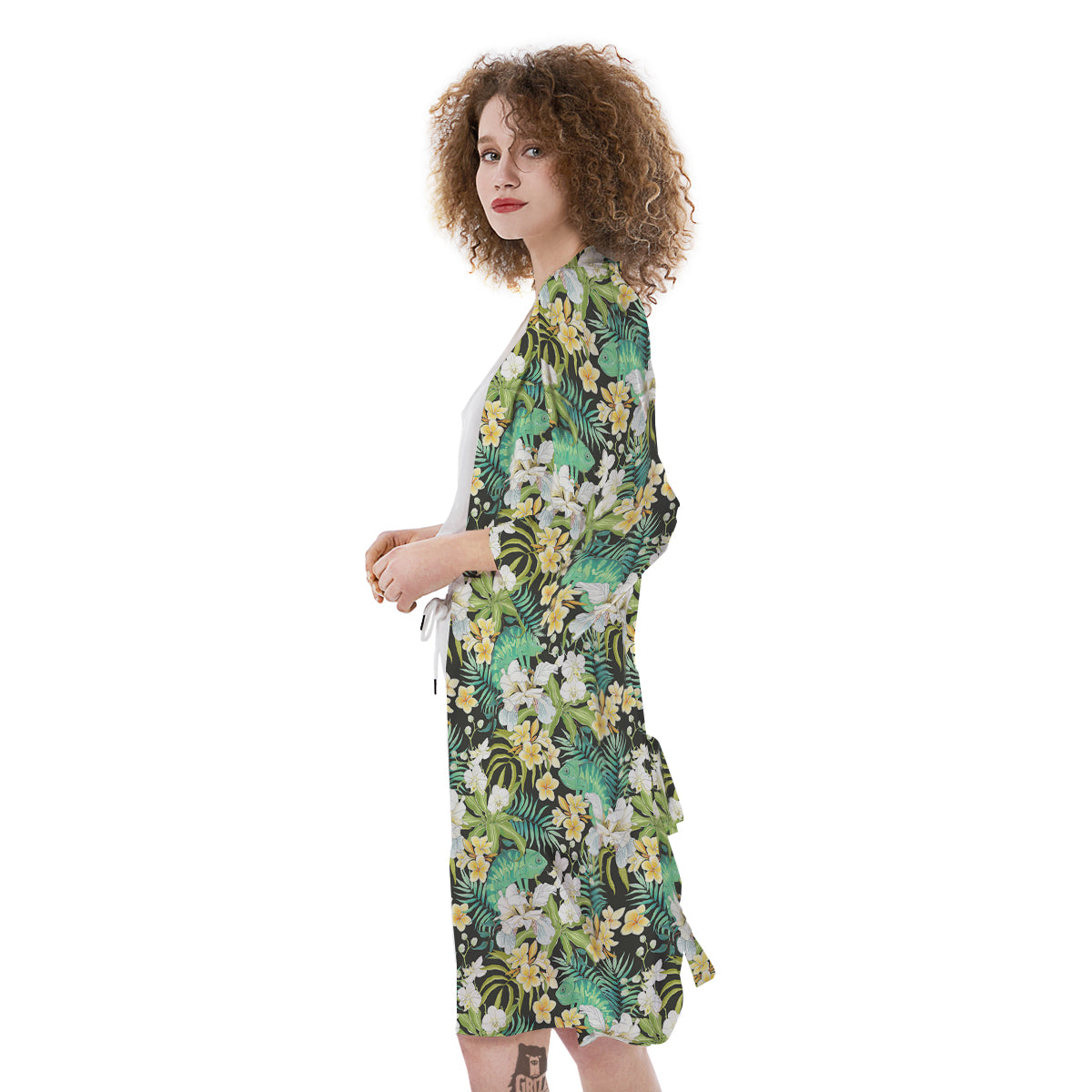 Green Chameleon And Flowers Plumeria Orchid Print Pattern Kimono-grizzshop